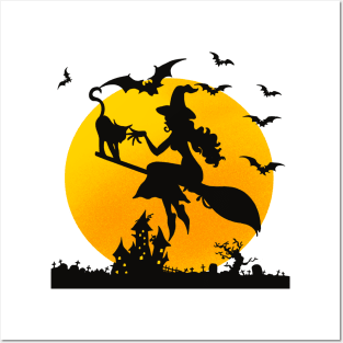 Witch Riding a Broom With Bats Halloween Gift Idea Posters and Art